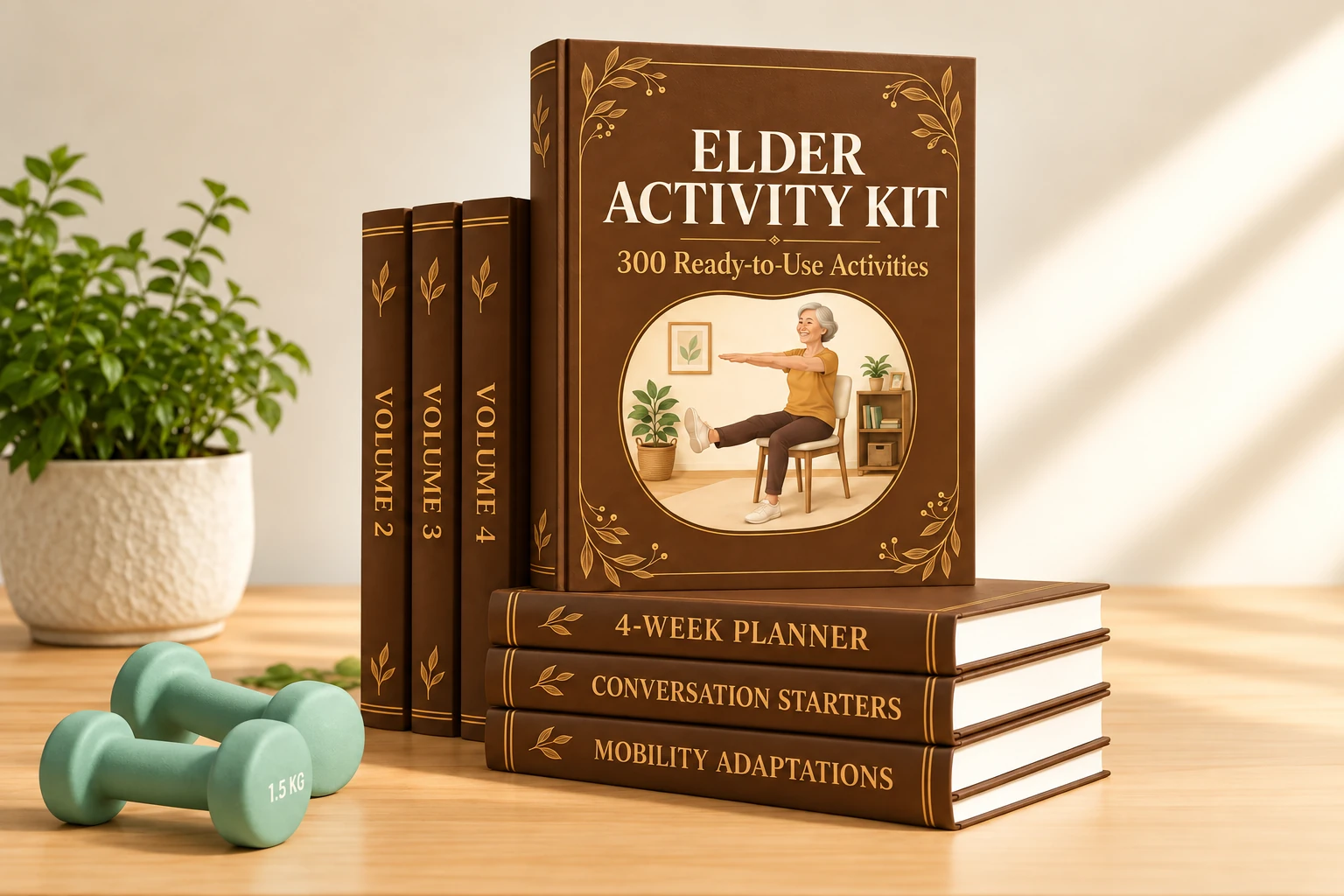 Elder Activity Kit in English: brown and gold activity books with three bonus guides