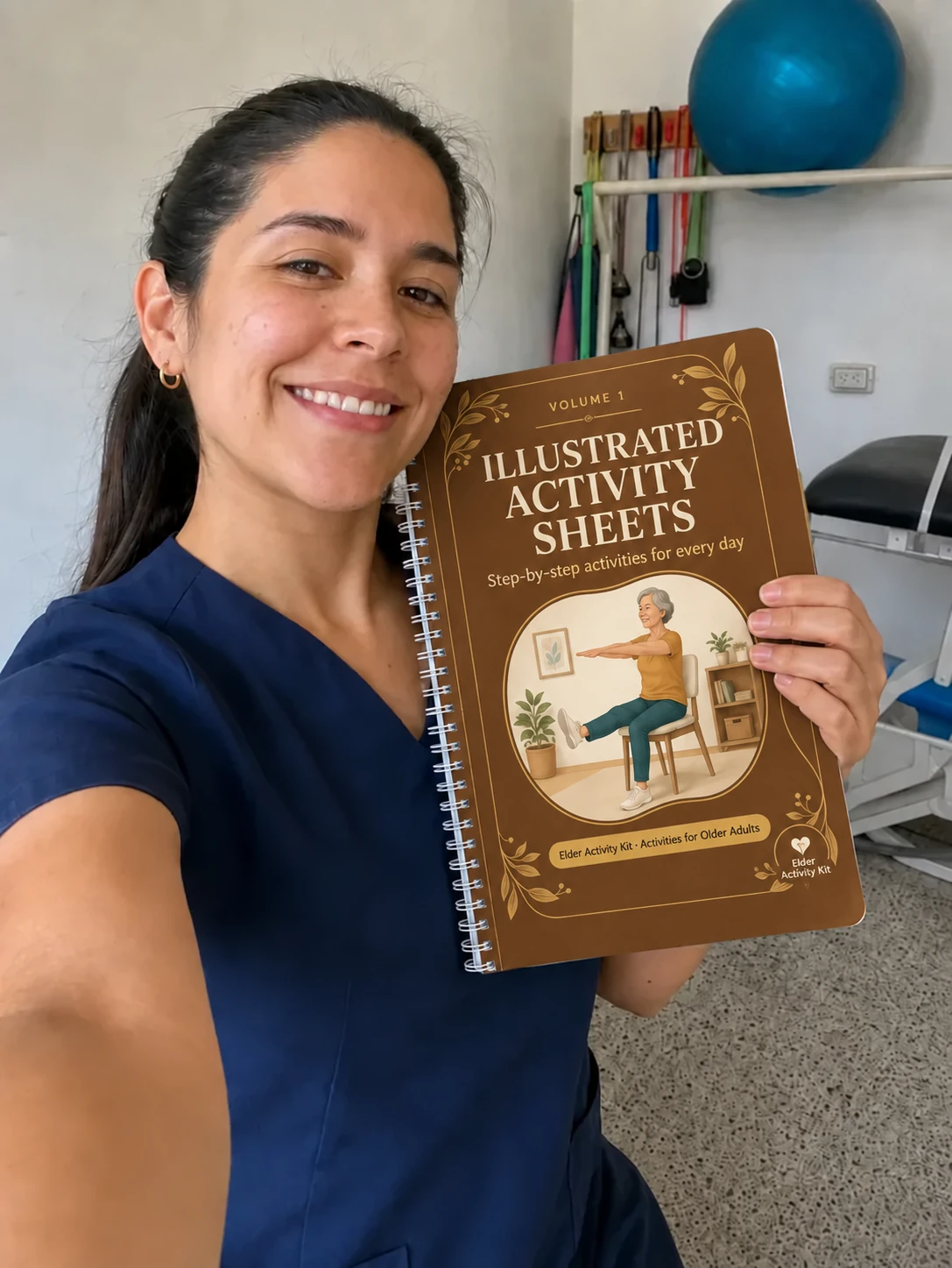 Daniela Rodríguez holding the activity book, with its cover adapted to English in warm brown